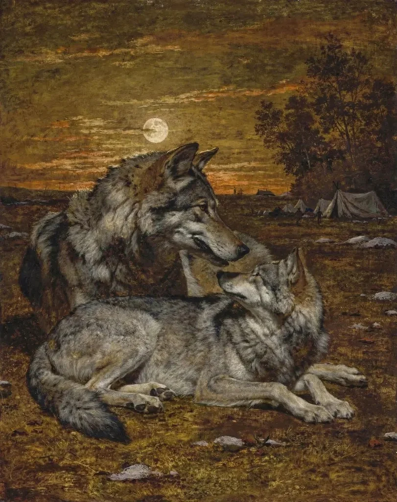 The old wolf looking down at the young wolf lying close to him