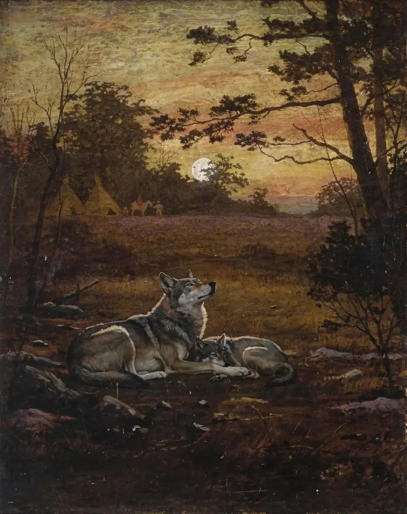 At dawn, the young wolf asleep against the old wolf