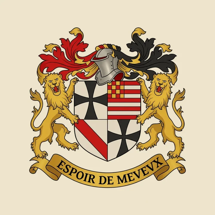 Two gold lions supporting a divided shield beneath a helmet; Fable presentation of a Fox-Davies historical plate.