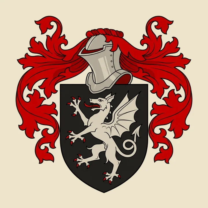 Black historic shield bearing a pale dragon, surrounded by red and pale mantling; Fable restoration of a Fox-Davies plate