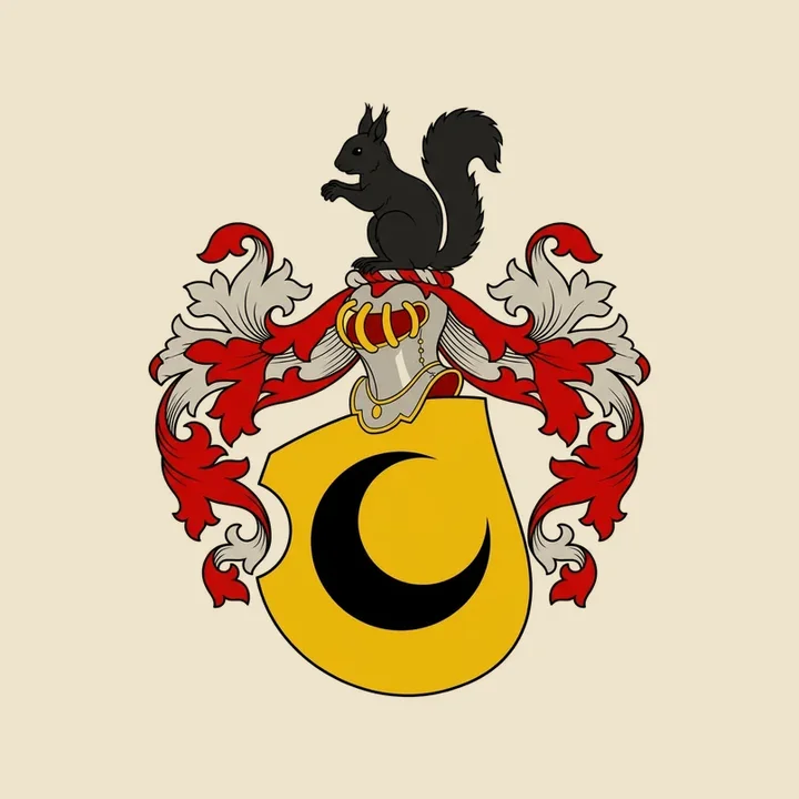 Gold shield with a black crescent and a black squirrel above a crowned helmet; Fable restoration of a Fox-Davies plate