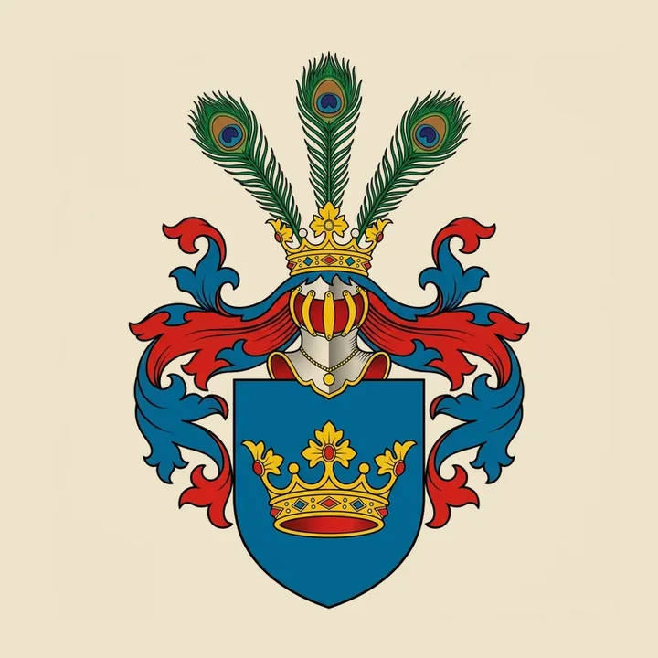 Blue historic shield with a gold crown, crowned helmet and three peacock feathers; Fable restoration of a Fox-Davies plate
