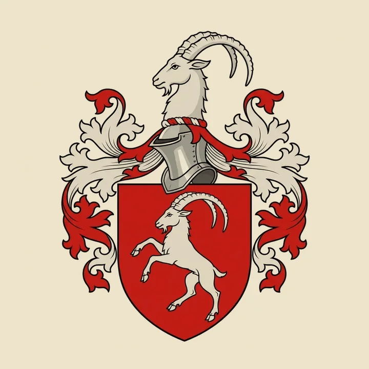 Red shield with a pale leaping goat and a goat crest above the helmet; Fable restoration of a Fox-Davies plate