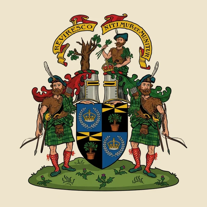 Historic coat of arms held by two kilted figures above a green base; Fable restoration of a Fox-Davies plate