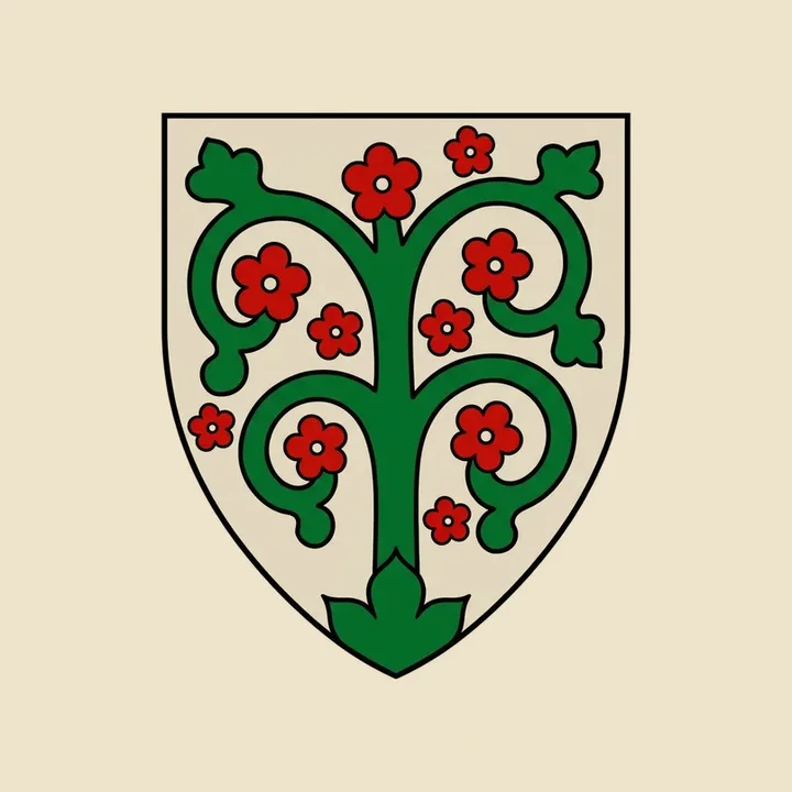 A green branching plant with red flowers on a pale shield; Fable presentation of a Fox-Davies historical plate.