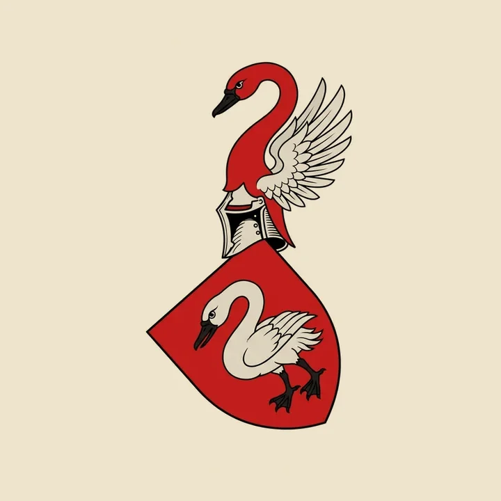 Red shield with a white swan and a swan crest above the helmet; Fable restoration of a Fox-Davies plate