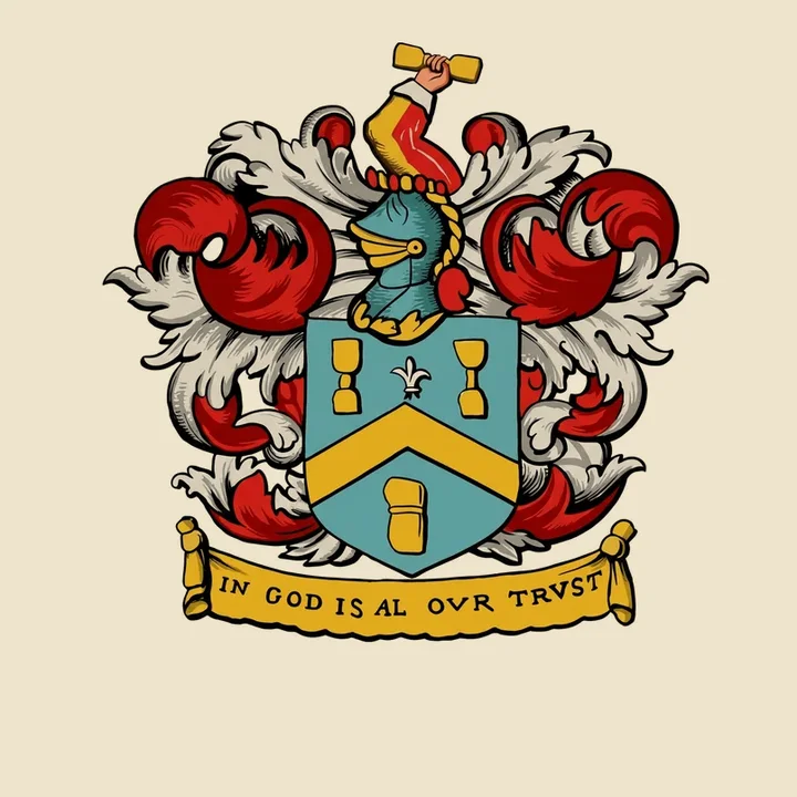 Blue and gold historic guild shield with tools, a hammer-bearing arm and red mantling; Fable restoration of a Fox-Davies plate