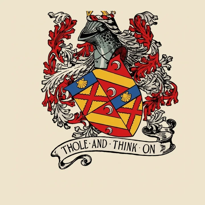 Historic shield with red, gold and blue divisions, swirling mantling and the motto Thole and Think On; Fable restoration of a Fox-Davies plate
