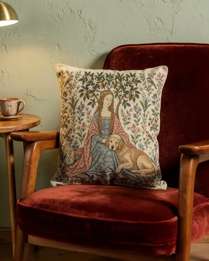 Fable You and your pet demo cushion showing a woman with a golden dog amid flowers, on a burgundy chair