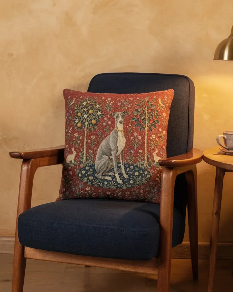 Fable Millefleur demo cushion with a whippet among flowers on a red ground, shown on a dark armchair