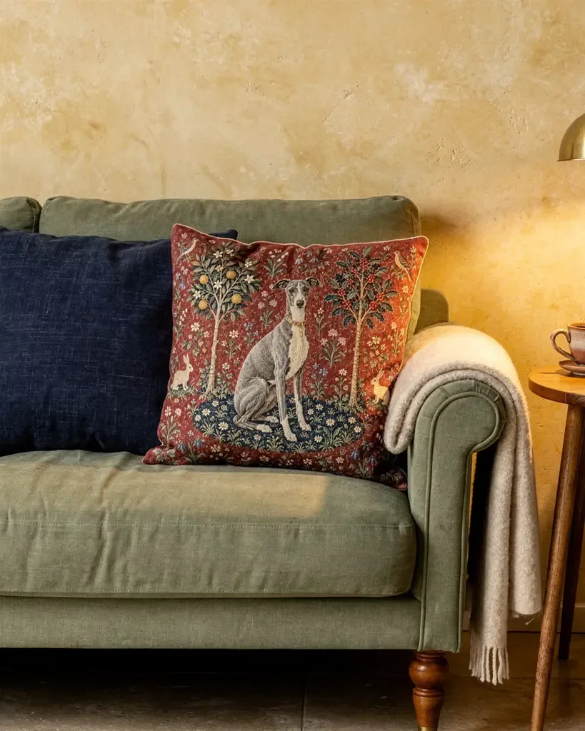 Millefleur whippet demo cushion on a sofa in a Fable room visualization