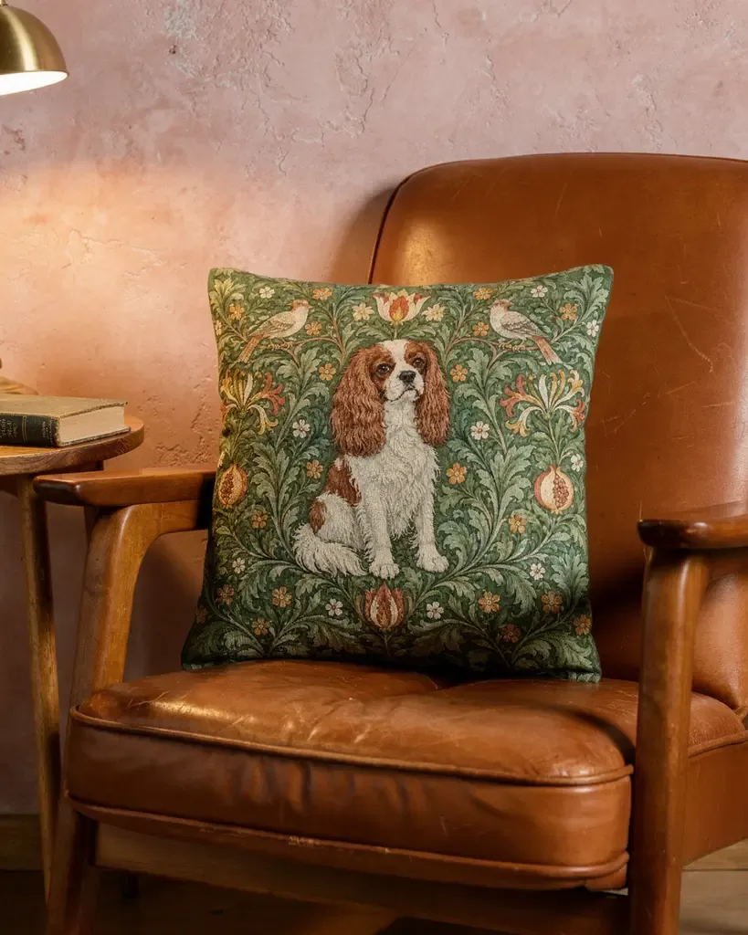 Fable Morris Garden demo pet cushion with a spaniel among green leaves and flowers, on a brown armchair
