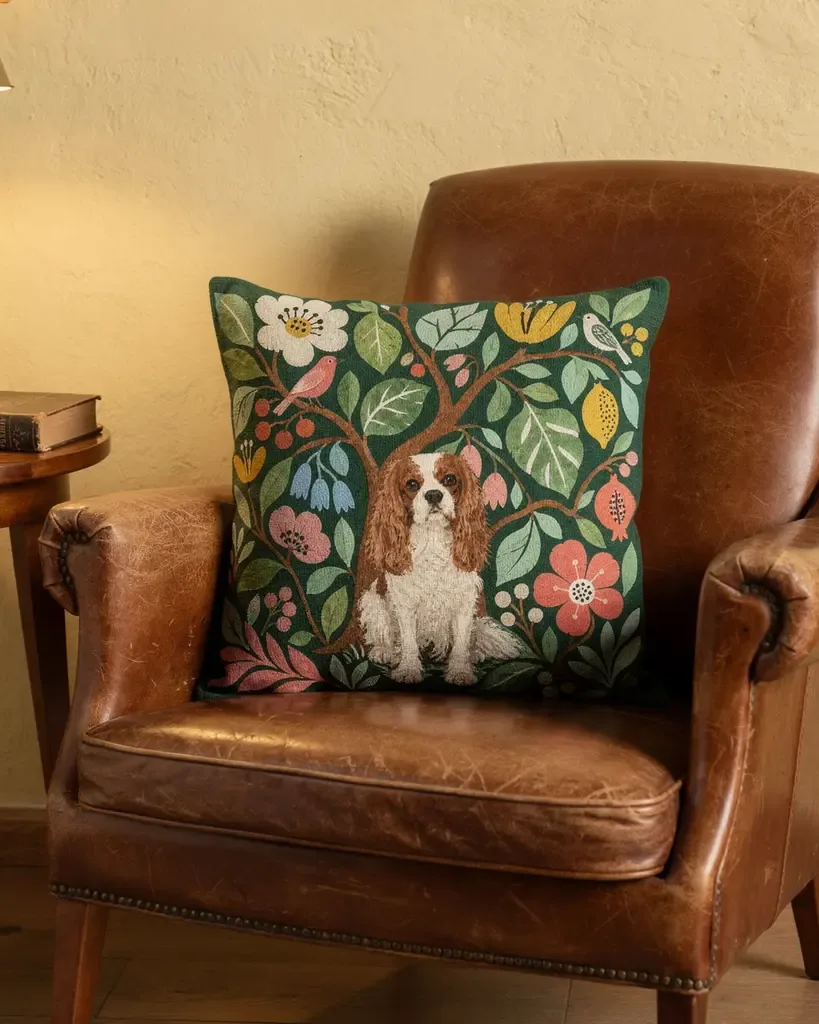 Fable Orangery demo cushion with a spaniel and colourful botanical shapes against a dark green ground