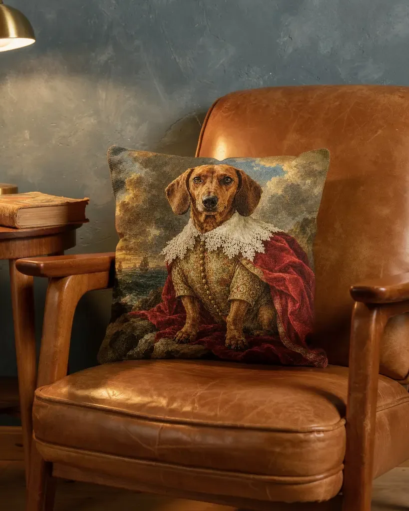 Fable Ruff demo cushion showing a dachshund in a lace ruff and red cloak, on a leather chair
